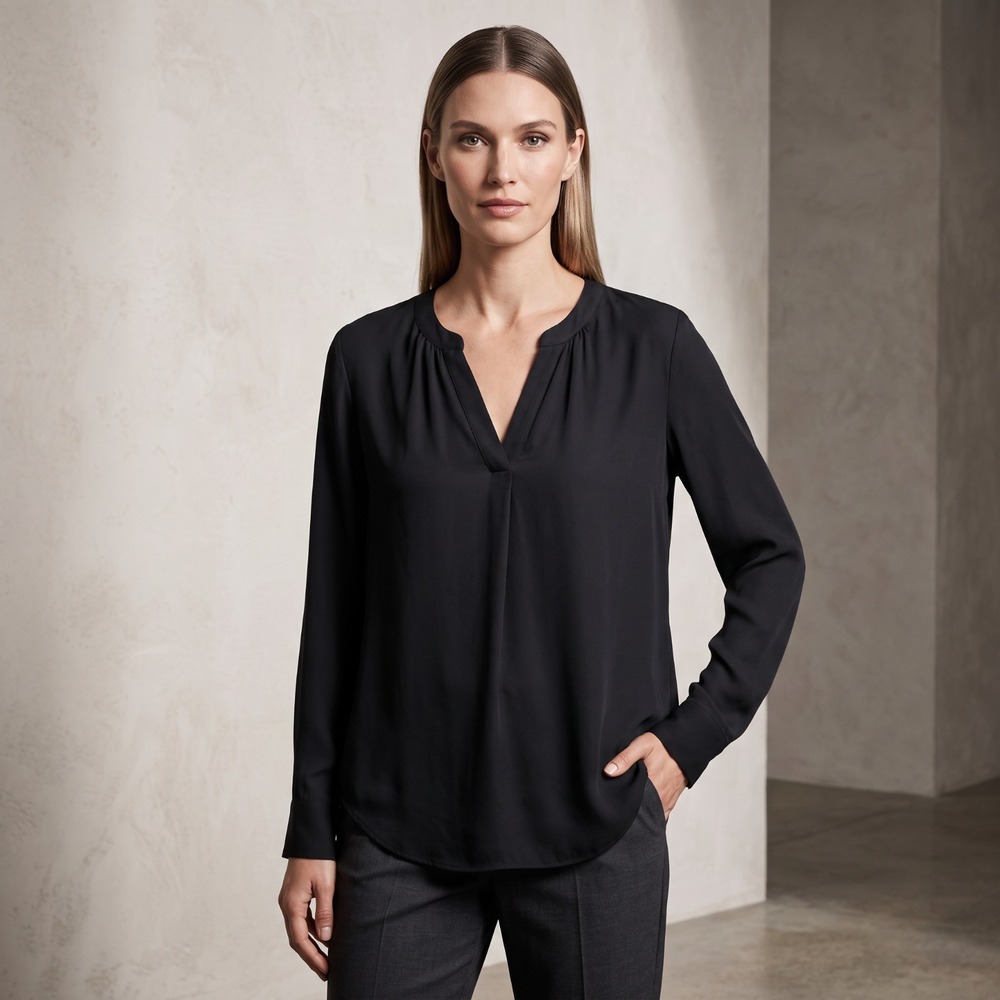 Simply Vera Wang Black Split Neck Pleated Office Siren Minimalist Capsule L